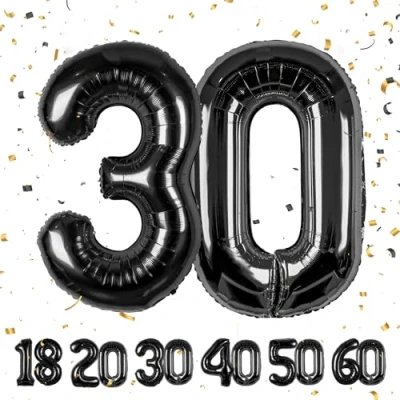 Immagine di Partyhausy Palloncino con numeri di compleanno,30 anni,in pellicola,nero,in pellicola,da 40 a 101 cm,decorazione compleanno,con elio,per uomini,donne,30. Festa compleanno,anniversario