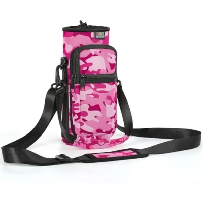 Immagine di Nuovoware Borsa Borraccia in Neoprene da 750ml, Custodia Bottiglia con Tracolla Regolabile Maniglia e Tasche Portatile Porta per Ciclismo, Campeggio, Mimetico Rosa