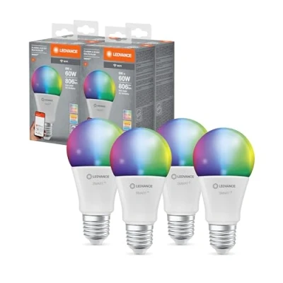 Immagine di LEDVANCE Lampada LED SMART+ WIFI, smerigliata, 9W, 806lm, forma classica a goccia con E27, luce colorata e bianca, controllo tramite app o vocale, durata fino 20.000HR, confezione da 4