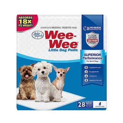 Immagine di Four Paws Wee Cuscinetti per pipì Cani e Cuccioli, con Tecnologia a Prova di perdite 6 Strati, addestramento in casa, Grandi, 42 cm x 60 cm, 28 Pezzi