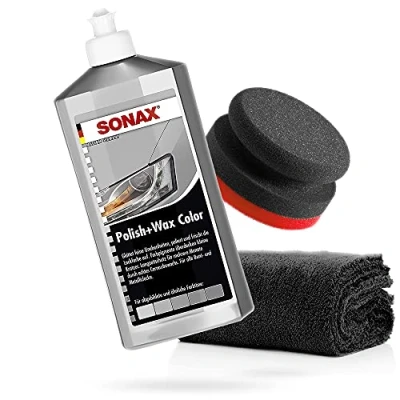 Immagine di detailmate Set con lacca per lucidare Sonax Polish, colore grigio/argento, 500 ml, spugna lucidatura a mano dura del diametro di 90/50 mm e panno in microfibra senza cuciture, 550 g/m²