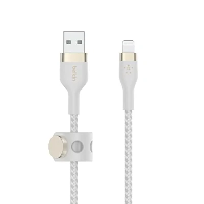 Immagine di Belkin BoostCharge Pro Flex cavo intrecciato da USB Type a Lightning (1 m), di ricarica certificato MFi, per iPhone 14/14 Plus, 13, 12, Pro, Max, mini, SE, iPad e altri Bianco