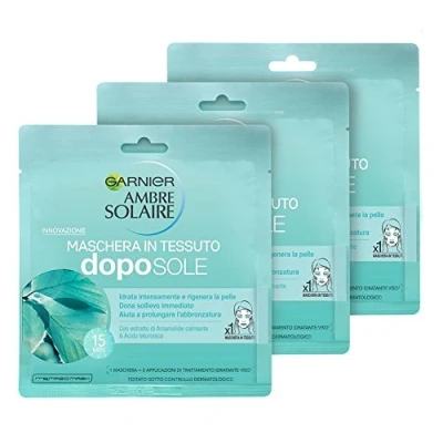 Immagine di Garnier Ambre Solaire Maschera Doposole in Tessuto con Acido Ialuronico, Idrata la Pelle e Prolunga l&#039;Abbronzatura, 32 g