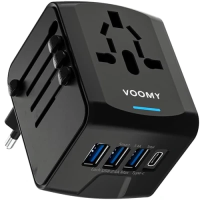 Immagine di VOOMY Adattatore Universale da Viaggio, Presa con 3 USB A e 1 C, per 170+ Paesi, Spina Americana Inglese Australiana Europa