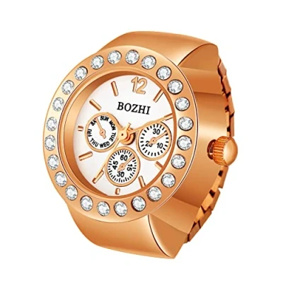 Immagine di JewelryWe orologio da dito uomo e donna con elastico rotondo,anello al quarzo semplice zircone,quadrantini finti,regalo