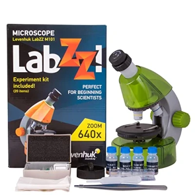 Immagine di Levenhuk LabZZ M101 Lime 40x640x Microscopio Didattico per Ragazzi e Principianti in Scienze con Kit STEM, Guida agli Esperimenti, Campioni Preparati, Strumenti Scatola Regalo, 5 Colori (IT)