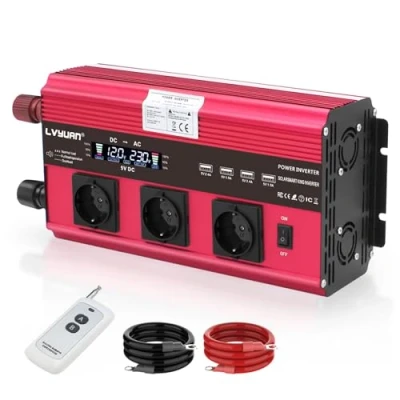 Immagine di Inverter da 12 V a 230 V, 2500 W, convertitore di tensione 5000 punta LVYUAN con telecomando, LCD, 4 porte USB, 3 prese EU