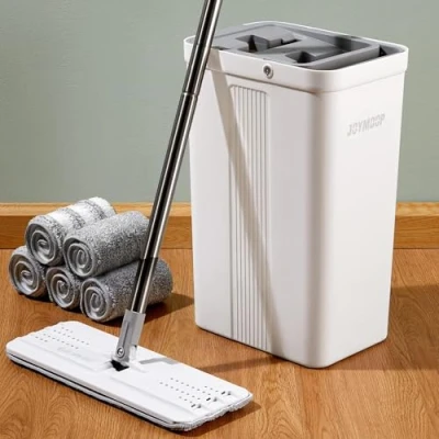 Immagine di JOYMOOP mocio e secchio con strizzatore, piatto secchio, per la pulizia dei pavimenti 5 panni in microfibra, uso bagnato asciutto, strumenti della casa, legno