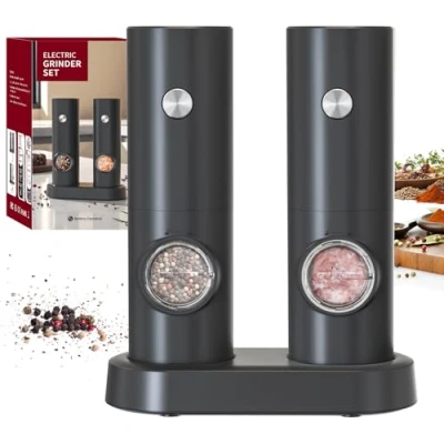 Immagine di CIRCLE JOY Set Macina Sale e Pepe Elettrico a Batteria Macinaspezie con Base, Luce LED Bianca Rugosità Regolabile, Nero