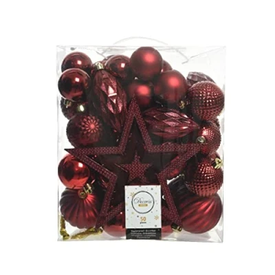 Immagine di Kaemingk Palline di Natale in plastica, 5 8 cm, con punta per albero Natale, set da 50 pezzi, infrangibili, colore: rosso vinaccia