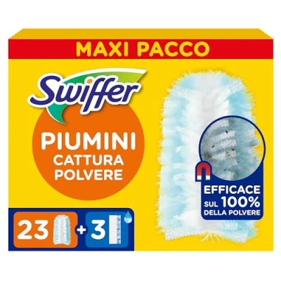 Immagine di Swiffer Duster Piumini Catturapolvere, 23 e 3 Panni Lavapavimenti, Cattura Intrappola Polvere Sporco, Raggiunge I Punti più Difficili della Casa, Maxi Formato