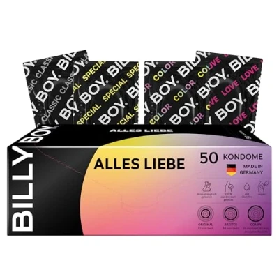 Immagine di BILLY BOY Profilattici Alles Liebe (Con amore) 50 pz preservativi in varie misure, trasparenti, colorati, fruttati, con rilievi/nervature e anello integrato (1x50 pezzi)