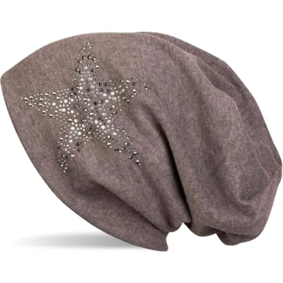 Immagine di styleBREAKER Cuffia Beanie con Strass, Borchie, Stelle e Pietre Decorative di Colore Argento Antracite, Slouch longbeanie, Unisex 04024087, Colore:Marrone a Pois