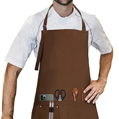 Immagine di LessMo Barbecue Grembiule, Grembiule da Cucina 100% Cotone con Laccio Regolabile e Due Tasche, qualità Professionale, 70 x 85cm, caffè