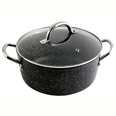 Immagine di Wecook! Casseruola in alluminio Serie Granite, antiaderente effetto pietra, manico acciaio, coperchio vetro con pomolo, adatta all&#039;induzione e a tutti i fornelli, diametro 20 cm. Cap. 2,2 litri
