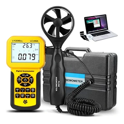 Immagine di LYCEBELL Anemometro Digitale Portatile, LC 856A HVAC Misura Velocità del Vento Flusso Temperatura Vento, con Retroilluminazione LCD per la Pesca Drone a Vela(Valigia Inclusa)