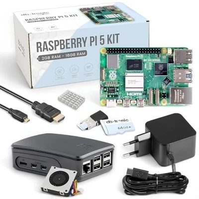 Immagine di Raspberry Pi 5 8 GB Starter Kit Black Alimentatore di rete USB C da 27 W Alloggiamento con ventola MicroSD 64 Cavo Micro HDMI 4K 1 m/Raspberry RAM