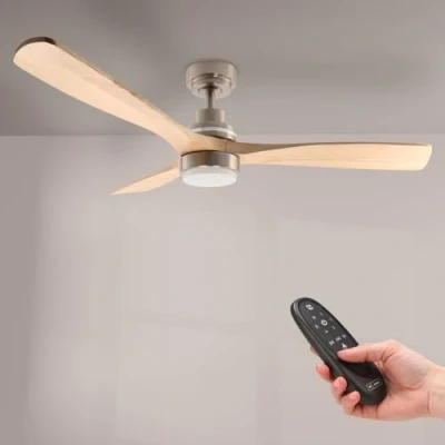 Immagine di M Ledme Ventilatore a soffitto Led Wood 58W Nichel, telecomando, motore DC 30W+Luce 18W, 6 velocità, Silenzioso, 3 Lame in legno naturale, 132 cm, funzione estate inverno, timer