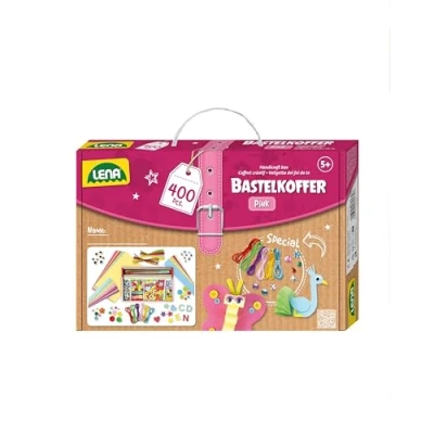 Immagine di Lena 42714 Valigetta per bricolage, con Carta Colorata, Gomma espansa, detergente Pipe, Strass, Occhi oscillanti, Pompon, Bottoni e Molto Altro Ancora, Bambini dai 5 Anni in su, 400 Rosa