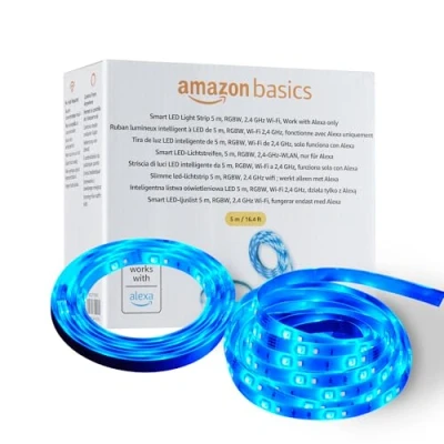 Immagine di Amazon Basics Striscia luminosa LED intelligente da 5 m, RGBW, Wi Fi 2,4 GHz, compatibile solo con Alexa, Multicolore