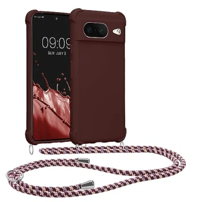Immagine di kwmobile Custodia Compatibile con Google Pixel 8 Cover Back Case in Silicone TPU Protezione Smartphone Cordino viola bordeaux
