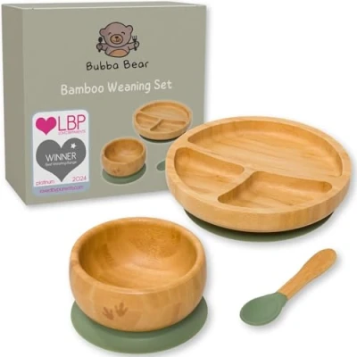 Immagine di Bubba Bear ® Set di svezzamento per bambini,Piatti, ciotole e cucchiai bambù l&#039;alimentazione a LED del bambino, ciotola cucchiaio bambini dai 6 mesi,Bavaglino BLW opzionale