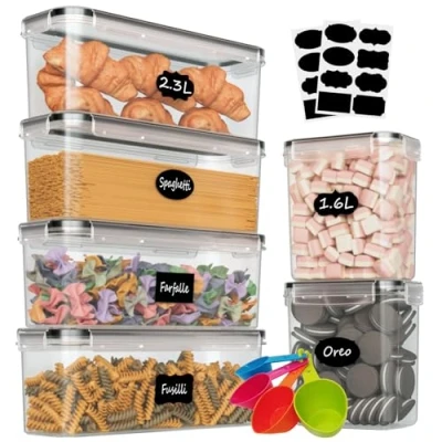 Immagine di Withosent Set di 6 contenitori ermetici da cucina con coperchio in plastica, 2,3 l, per spaghetti (2,3 1,6 l)