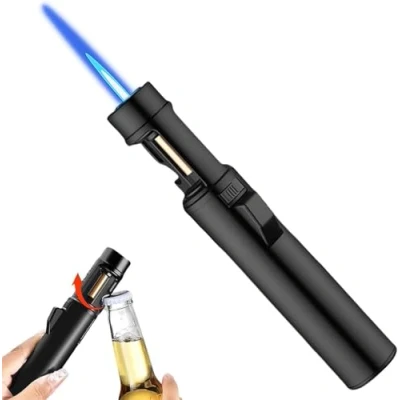 Immagine di Airbrush Windproof Lighter,Portable Adjustable Refillable Butane Jet Lighter, 2 in 1 Flame Lighter with Bottle Opener, Gas Storm for Kitchen, Grill (black)
