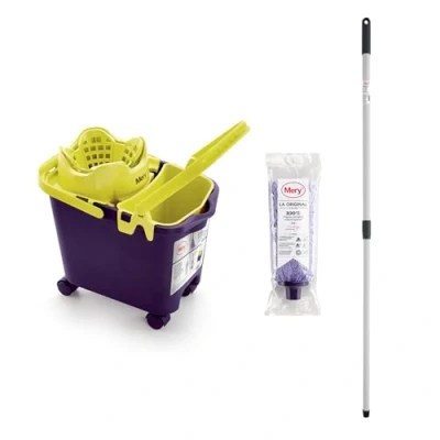 Immagine di Mery Set Cubo+Mop+Stick Secchio Scolapiatti Automatico con Ruote e Benna Multiuso Viola Calce, 14L Mop in microfibra assorbente, Universal Thread Bastone telescopico acciaio plastificato