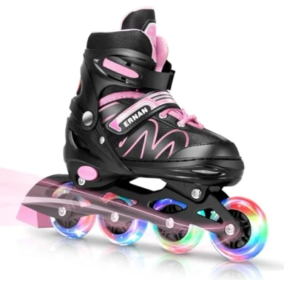 Immagine di ERNAN pattini in linea regolabili per bambini,Pattini linea, bambini con ruote illuminate, ragazze e ragazzi, uso interno ed esterno (Pink, S)