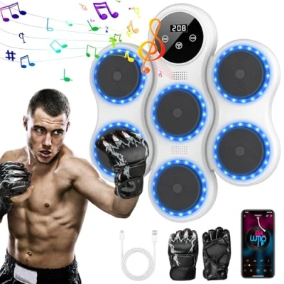 Immagine di Macchina da Boxe Musicale, Music Boxing Machine Parete per Adulti e Bambini, con Guanti, modalità Bluetooth, 9 velocità, Conteggio, Esercizio/Sollievo dallo Stress (Bianco)