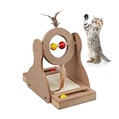 Immagine di Relaxdays Tiragraffi per Gatti con Palline, Gioco Interattivo, MDF e Sisal, Ruota Giocattolo Piume, Cat Toy, Marrone