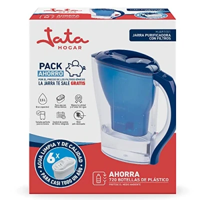 Immagine di Jata Hogar HJAR1001 Caraffa con filtro acqua da 2,5 litri, 6 cartucce ioniche, riduce calce, cloro e residui di rame, aromatizzata purezza.
