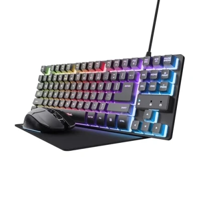 Immagine di Trust GXT 1794 Set tastiera da gioco QWERTZ DE, layout con mouse wireless e tappetino per mouse, pacchetto a LED 3 in 1, ricaricabile, 80 ore, compatta TKL USB,