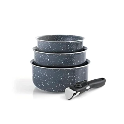 Immagine di Qulinart by Brandt set di 3 pentole a induzione in alluminio, antiaderenti, 16, 18 e 20 cm, con manico rimovibile, per tutti i fuochi, colore: grigio marmo