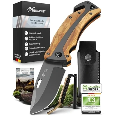 Immagine di BERGKVIST® K30 Titanium coltello pieghevole (coltellino tascabile a due mani) affilato da sopravvivenza 3 in 1 per caccia, trekking o campeggio con manico legno d&#039;ulivo