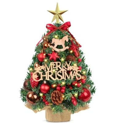 Immagine di AFXXE Albero di Natale Piccolo, 45cm Mini Alberello con Soprammobile E Luci LED Incorporate, Moderni Artificiali Christmas Tree Addobbato, Base Legno Alberi usato per Tavolo Decorazione