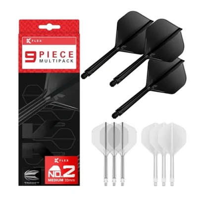 Immagine di Target Darts K Flex Integrated Dart Flights And Shafts, Stelo Medio (33 mm), No.2 Flight, Confezione da 9 Pezzi, Nero, Bianco e Trasparente