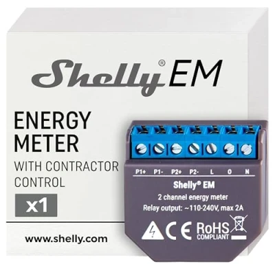 Immagine di Shelly EM, Contatore di Energia Elettrica Intelligente, Monofase a 2 canali (120A per canale), Monitoraggio fotovoltaico, Controllo contattore remoto, App iOS Android, Alexa, Google Home