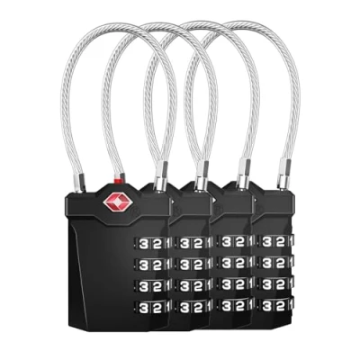 Immagine di ZHEGE Lucchetto Valigia Aereo, Armadietto, TSA con Cavo Flessibile da 14 cm, Lucchetti per Valigie a 4 Cifre, Combinazione Bagaglio Viaggio, Zaino (4 Pezzi, Nero)