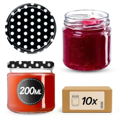 Immagine di KADAX Barattoli Ermetici di Vetro da 200 ml, Vassetti Piccoli con Coperchio a Vite per Conserve Frutta, Marmellate e Miele (Set 10, Pois Neri)