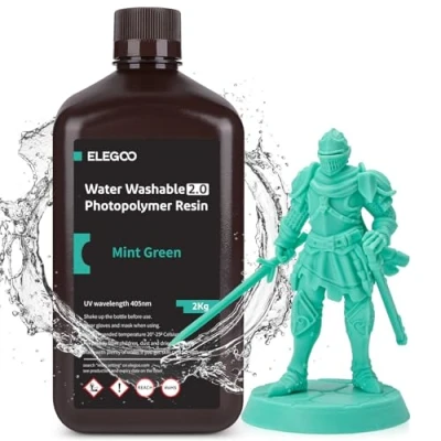 Immagine di ELEGOO Resina Lavabile in acqua Potenziata 2.0, 3D a 405 nm Polimerizzazione UV con Basso Restringimento e Maggiore Precisione per Stampante LCD 3D,Verde Menta 2000G