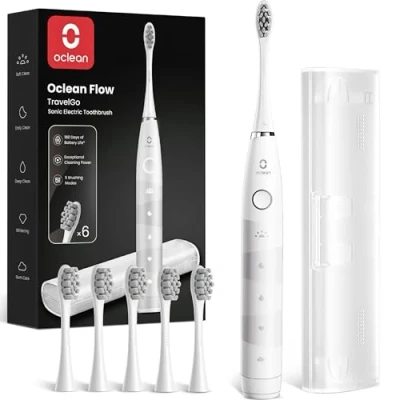Immagine di Oclean Spazzolino elettrico sonico TravelGo FlowSet, Ricarica ogni 180 giorni, 5 Modalità, Impermeabile IPX7, Timer da 2 minuti, 6 Testine DuPont™, Custodia viaggio, Bianco
