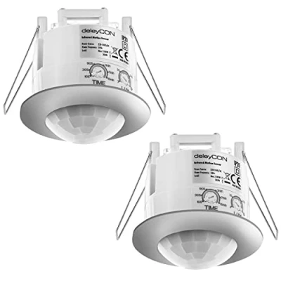 Immagine di deleyCON 2x Infrarossi Rilevatore di Movimento a Soffitto All&#039;interno Portata 6m 360 Luminosità Ambientale Regolabile IP20 da Incasso Cromo