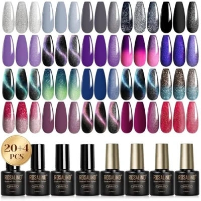 Immagine di ROSALIND Smalto Semipermanente Unghie, 24 Pezzi Argento Grigio Nero Viola Rosso Colori Smalti Semipermanenti per UV/LED Gel Unghie Magnetico Cat Eye Termico Manicure