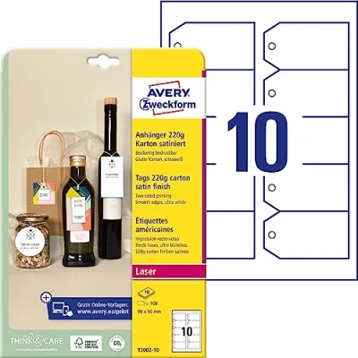 Immagine di Avery Zweckform T2002 10 Etichette rimorchio 90 x 50 mm Cartone Bianco Ultra 100 pz. Non adesiva Stampante laser a colori,