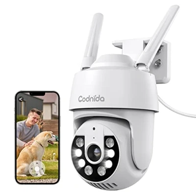 Immagine di 2K Telecamera Wi Fi Esterno con vista a 360, Codnida 3MP Videocamera Sorveglianza fili PTZ Visione Notturna, Tracciamento Automatico del Movimento,Allarme Sonoro e Luminoso