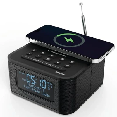 Immagine di MAJORITY Knapton Orologio da comodino con Bluetooth ricarica wireless 15W e porta di USB DAB+ FM Doppia sveglia forte, Sleep Snooze Ampio display LCD retroilluminato dimmerabile