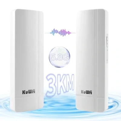 Immagine di Accesso Point Esterno, KuWFi 900Mbps Wireless Bridge POE con porta Gigabit, 5.8G to wifi 14dBi Antenna ad alto guadagno, ripetitore supporto 3KM trasmissione, PTP/PTMP…