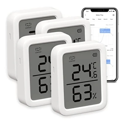 Immagine di SwitchBot │ Termometro e igrometro Plus, confezione da 4, con sensore bluetooth digitale di umidità temperatura, allarme intelligente memorizzazione dei dati, schermo LCD